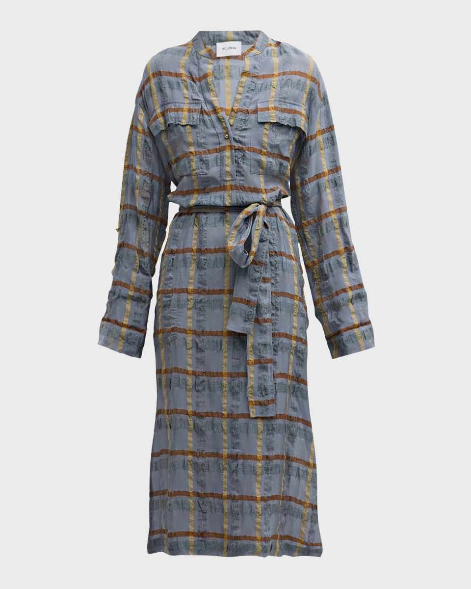 Crinkle Woven Plaid Jacquard Belted Midi Shirtdress