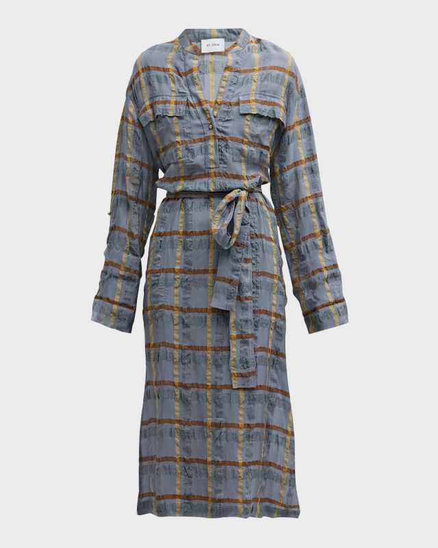 Crinkle Woven Plaid Jacquard Belted Midi Shirtdress