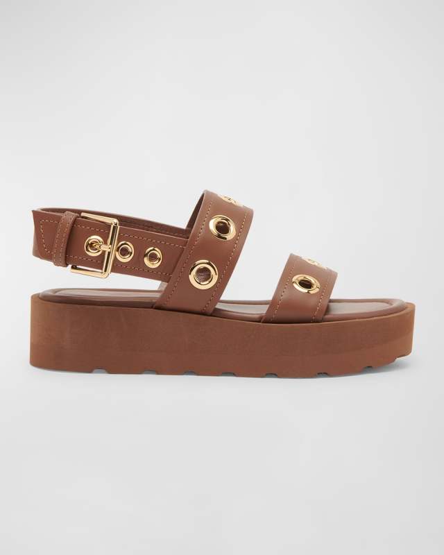Leather Grommet Slingback Flatform Sandals