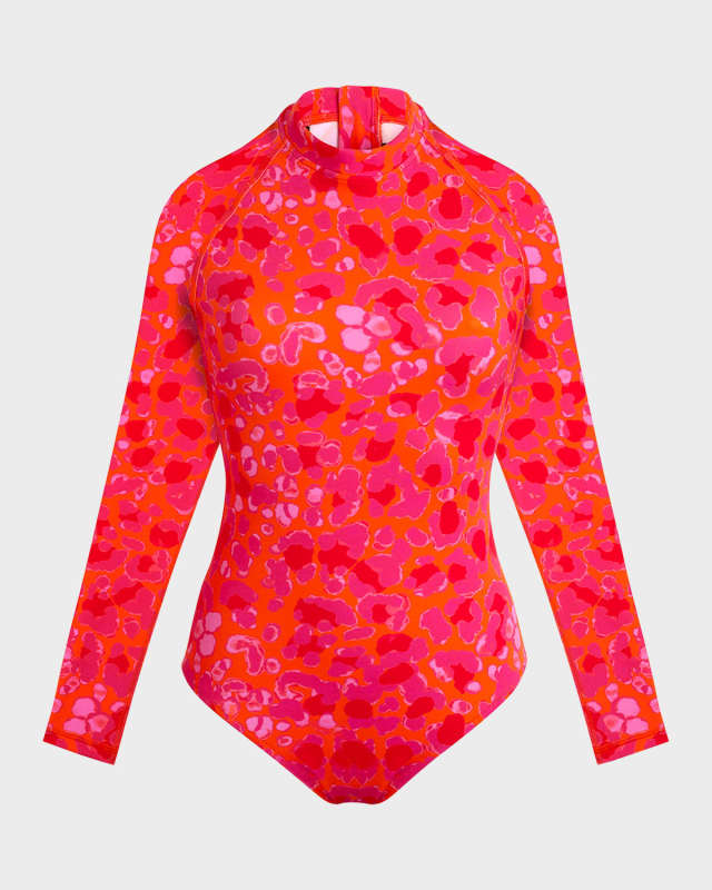 Abstract Leopard Printed Rashguard One-Piece Swimsuit