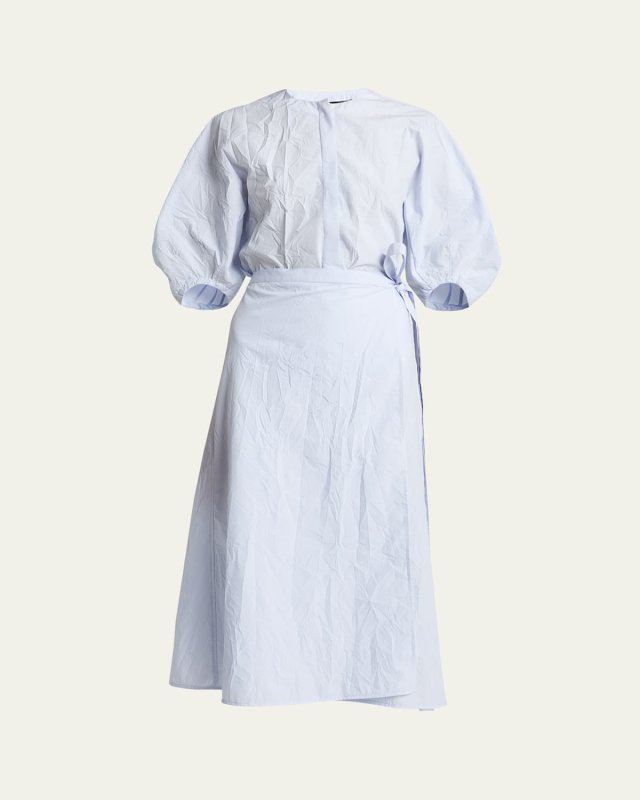 Alicia Puff-Sleeve Crinkled Cotton Midi Dress