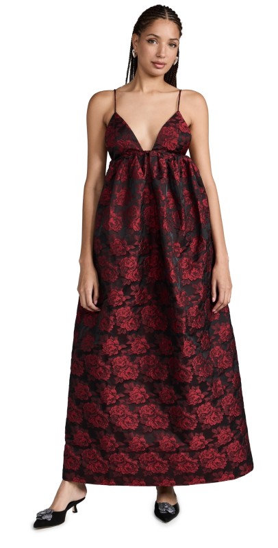 GANNI Botanical Jacquard Long Strap Dress High Risk Red