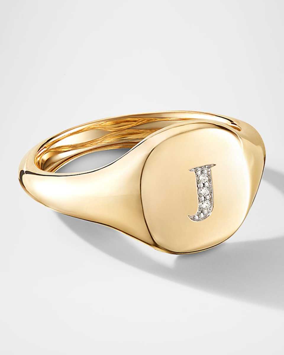 Mini DY Initial J Pinky Ring in 18K Yellow Gold with Diamonds