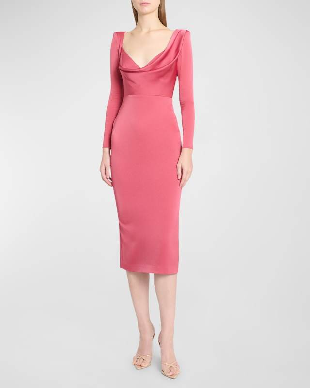 Cowl-Neck Strong-Shoulder Long-Sleeve Satin Crepe Midi Dress