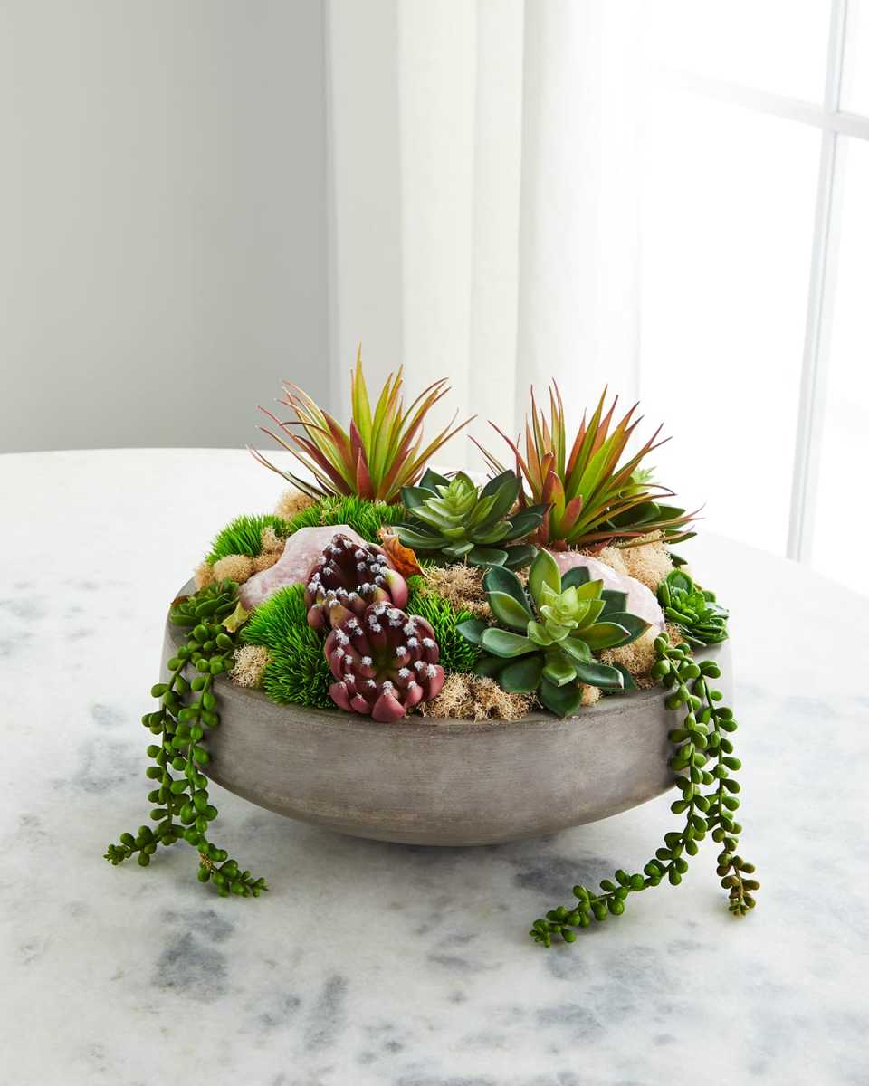 Concrete Bowl with Rose Quartz & Succulents