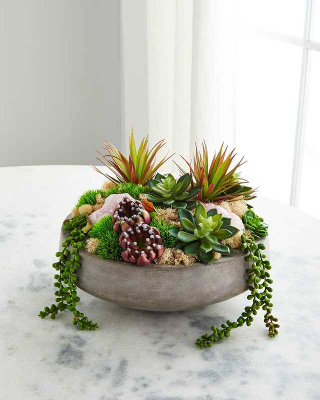 Concrete Bowl with Rose Quartz & Succulents