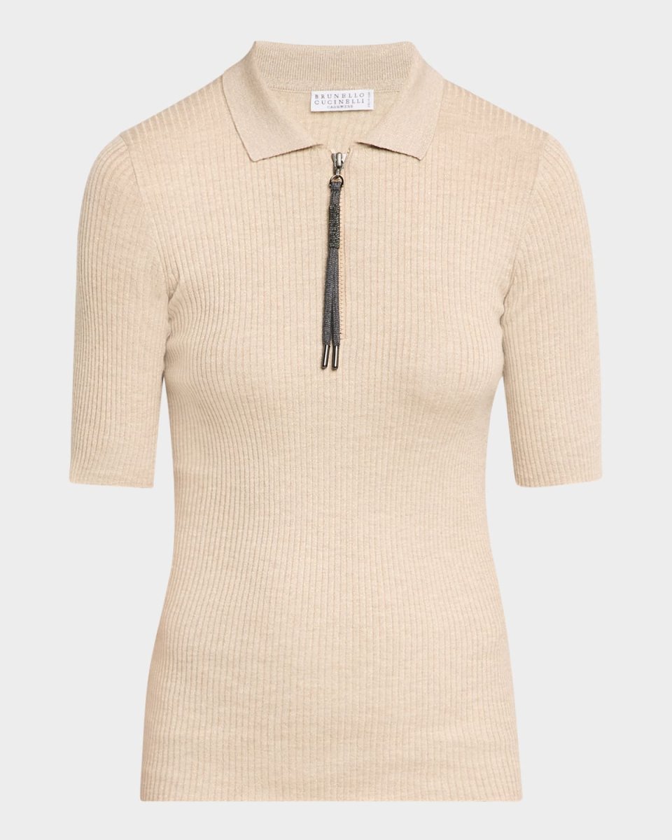 Ribbed Cashmere-Blend Polo Top with Monili Pu