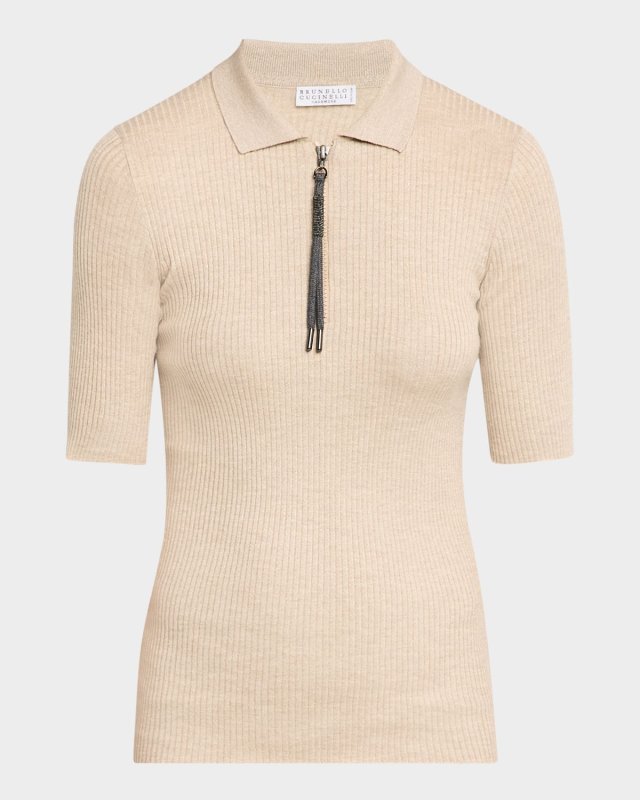 Ribbed Cashmere-Blend Polo Top with Monili Pu