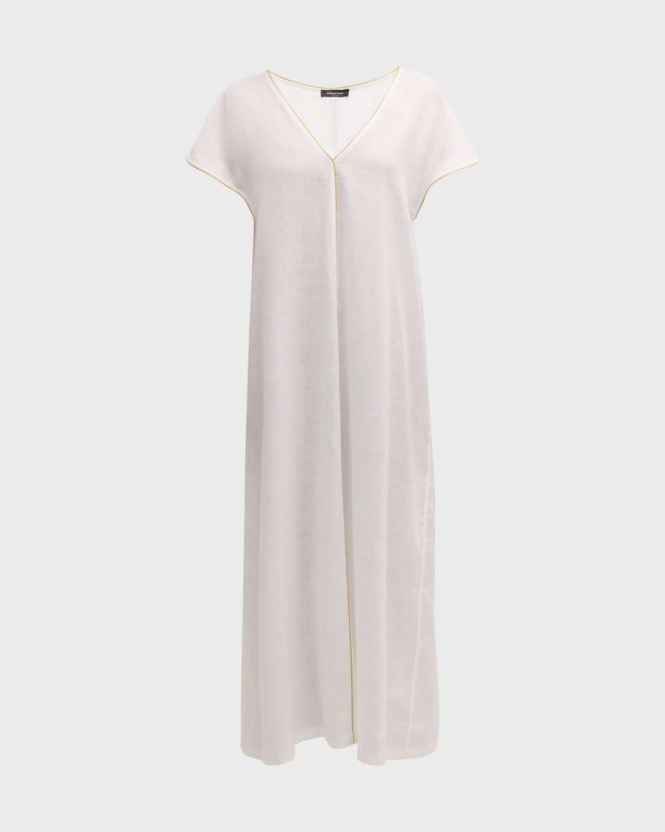 V-Neck Bead-Trim Linen Maxi Dress