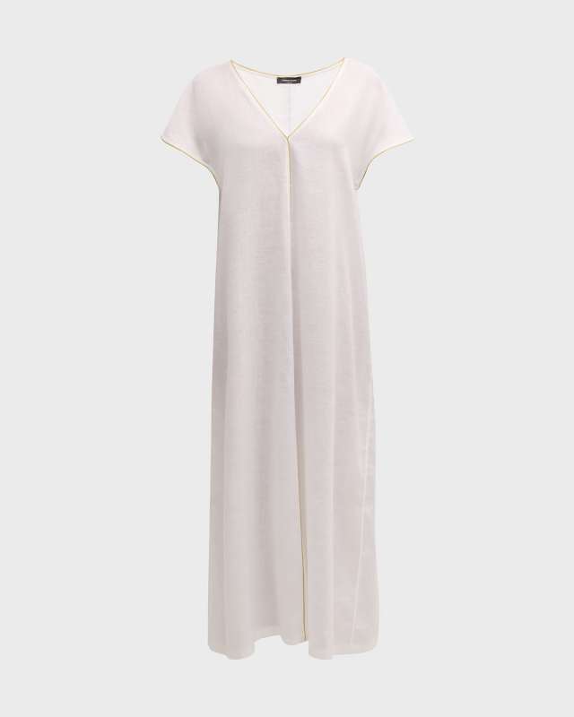 V-Neck Bead-Trim Linen Maxi Dress