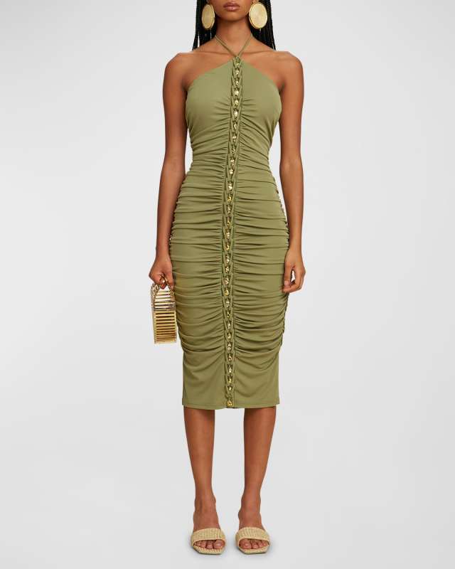 Calian Open-Back Embellished Halter Midi Dress