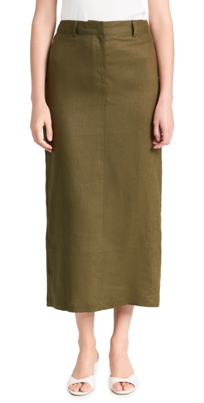 Reformation Gia Linen Skirt Dark Olive