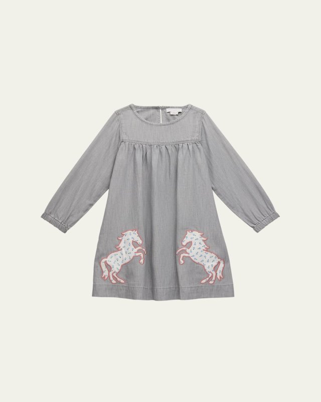 Girl's Chambray Dress W/ Horse Patches, Size 4-