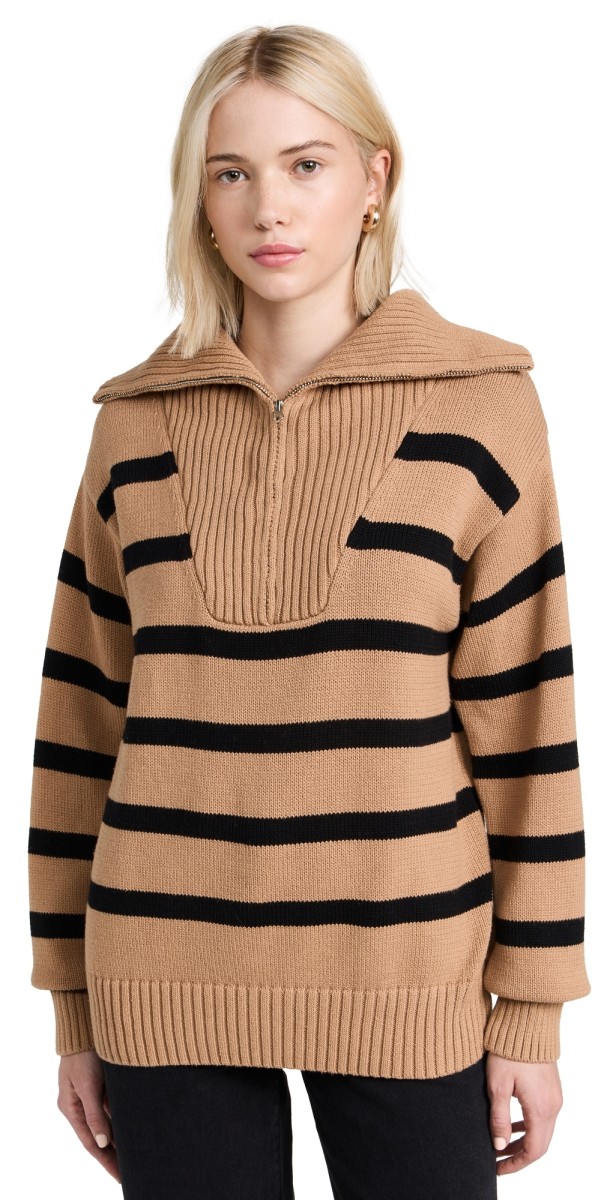 English Factory Striped Knit Zip Pullover Tan/Black