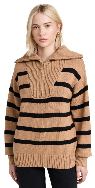English Factory Striped Knit Zip Pullover Tan/Black