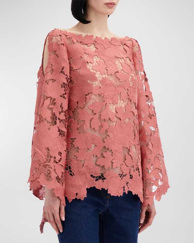 Cold-Shoulder Peony Guipure Blouse