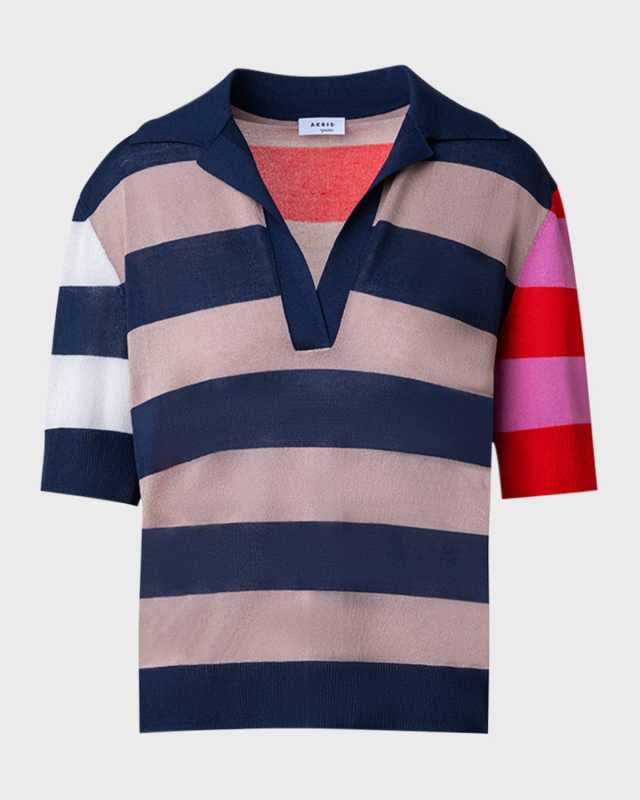 Colorblock Striped Knit Polo Sweater