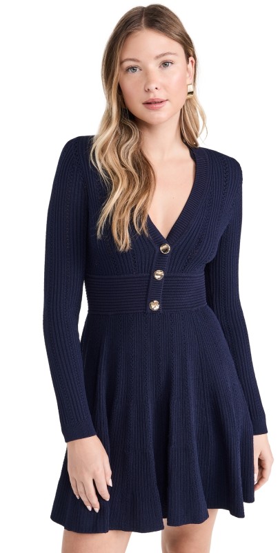 Self Portrait Navy Pointelle Knit Mini Dress Navy