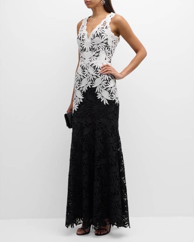 Sleeveless Two-Tone Floral Lace Gown