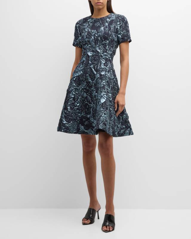 Metallic Marine Jacquard Flare Dress