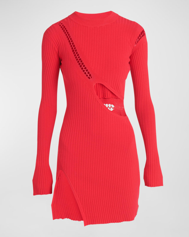Cutout Long-Sleeve Slit-Hem Rib Mini Dress