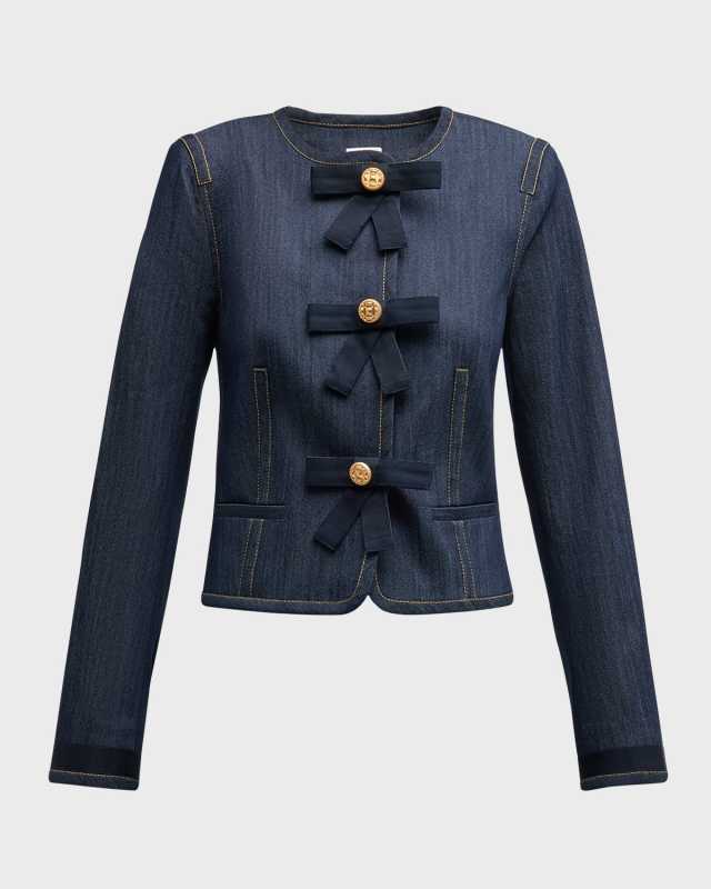 Taya Bow-Embellished Topstitched Denim Crop Jacket