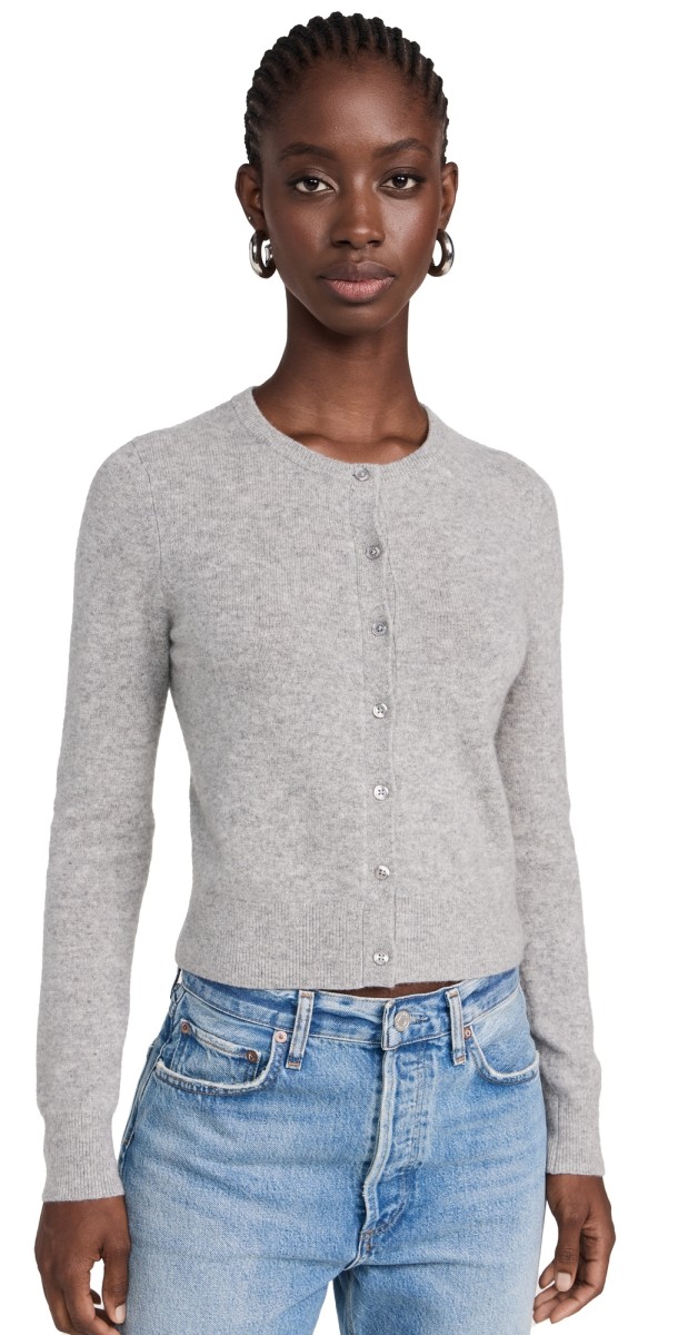 White + Warren Cashmere Essential Crew Neck Cardigan Grey Heather