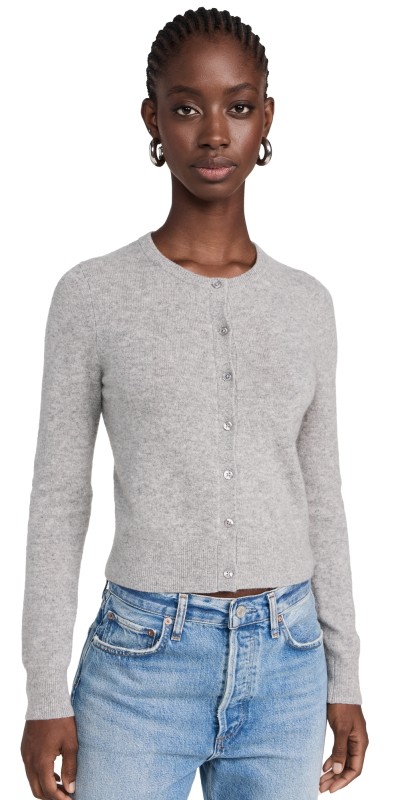 White + Warren Cashmere Essential Crew Neck Cardigan Grey Heather