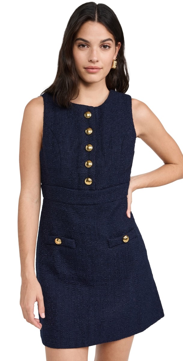 English Factory Gold Button Pointed Tweed Dress Navy