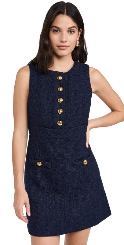 English Factory Gold Button Pointed Tweed Dress Navy