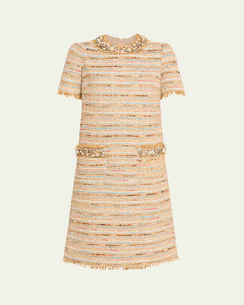 Beaded Fringe-Trim Tweed Midi Dress