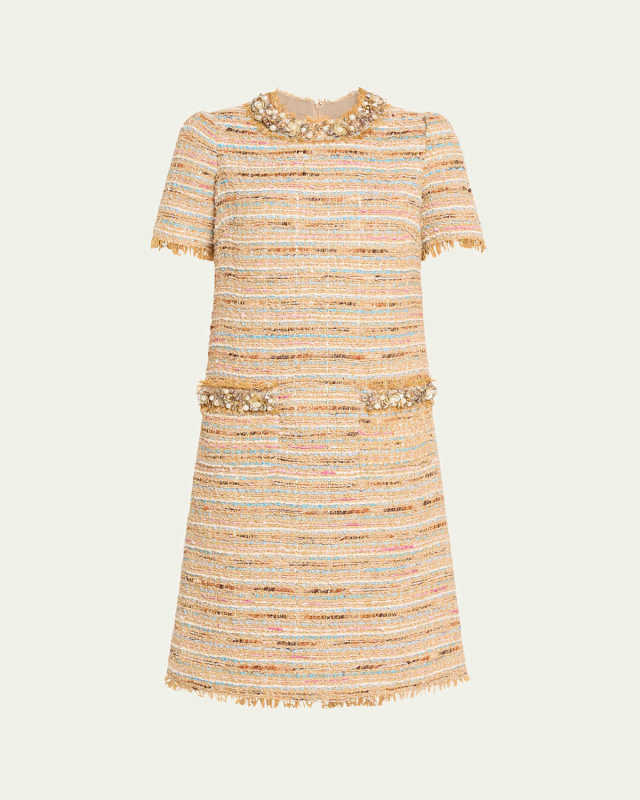 Beaded Fringe-Trim Tweed Midi Dress