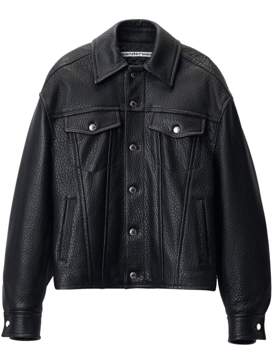 curved-sleeve leather jacket