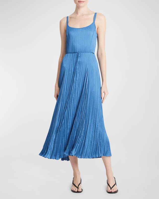 Pleated Crushed Satin Midi Slip Dress