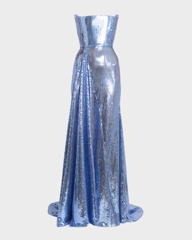 Strapless Godet Drape Sequined Gown