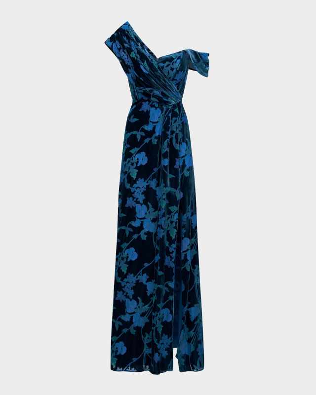 Priscilla One-Shoulder Velvet Jacquard Gown