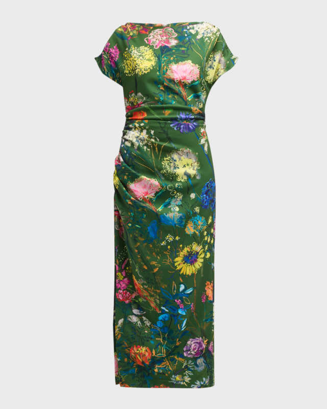 Floral-Print Ruched Short-Sleeve Midi Dress