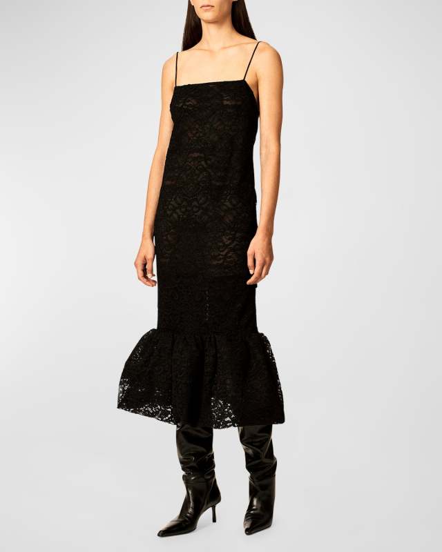 Esther Ruffle-Hem Sleeveless Lace Midi Dress