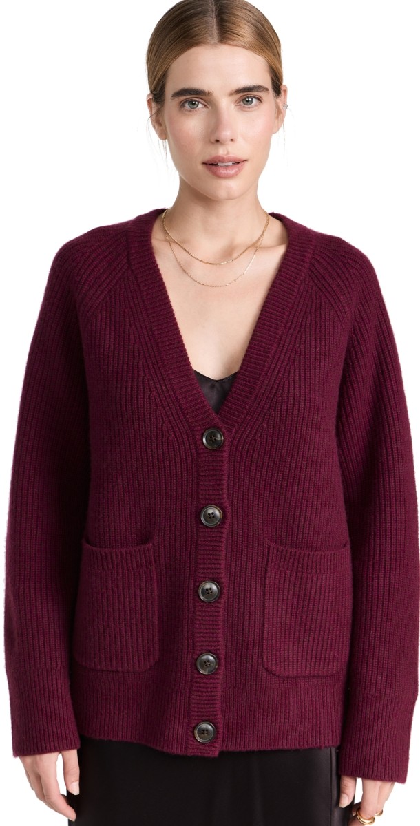 White + Warren Cashmere Blend Ribbed Boyfriend Cardigan Mulberry