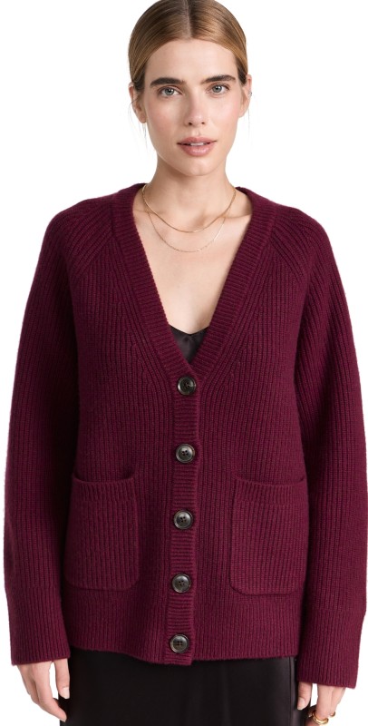 White + Warren Cashmere Blend Ribbed Boyfriend Cardigan Mulberry