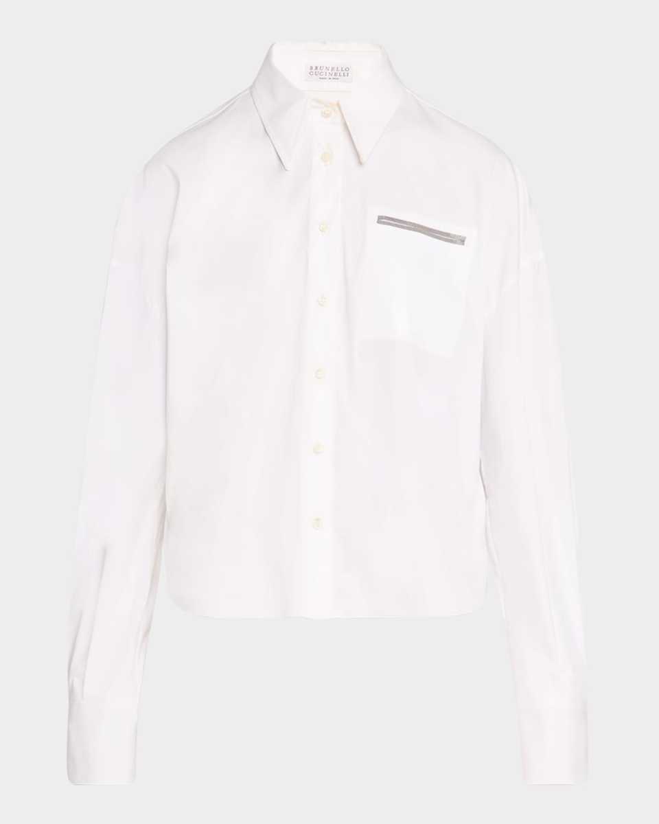 Cotton Poplin Button-Front Shirt with Monili Detail