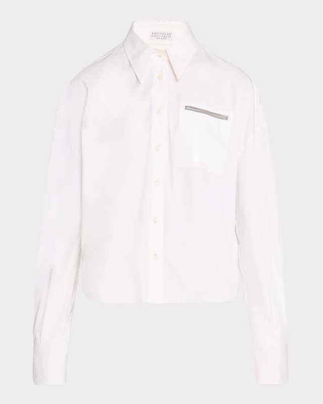 Cotton Poplin Button-Front Shirt with Monili Detail