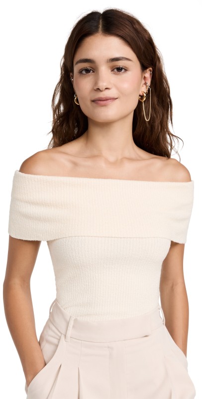 Pixie Market Popcorn Knit Off Shoulder Top Tofu