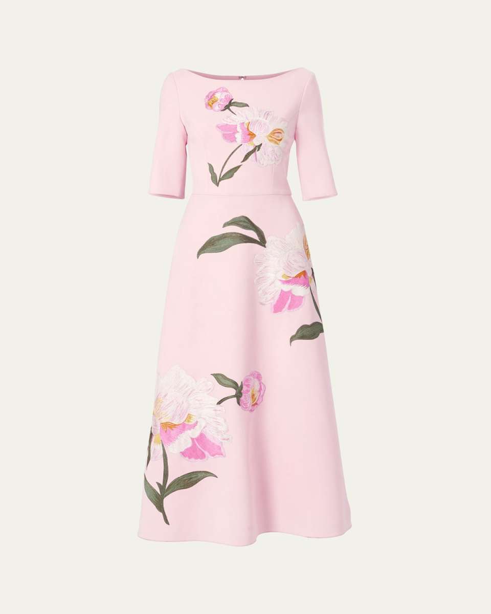 Floral Embroidered Boat-Neck Midi Dress