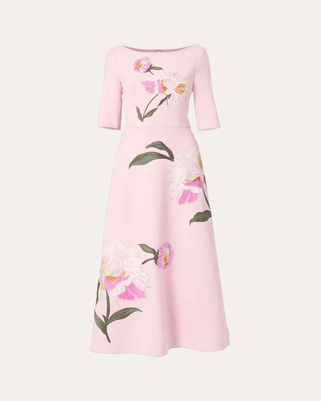 Floral Embroidered Boat-Neck Midi Dress