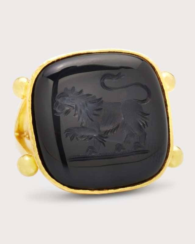 19K Onyx Lion Ring with Dot Granulation, Size