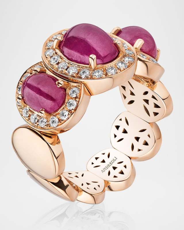 18K Rose Gold Ruby and Diamond Half Band Ring, Size 6.5