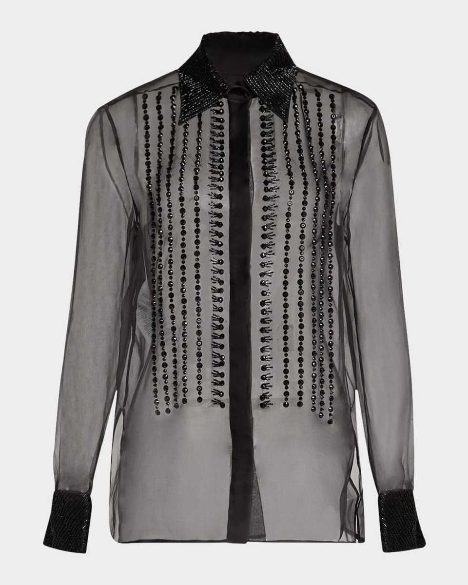 Embellished Sheer Cotton Button-Front Blouse