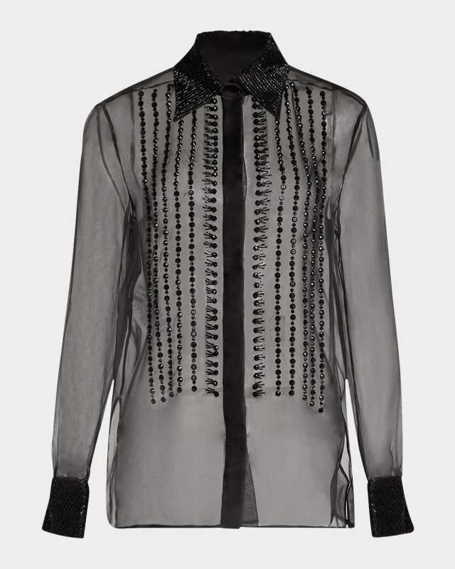 Embellished Sheer Cotton Button-Front Blouse