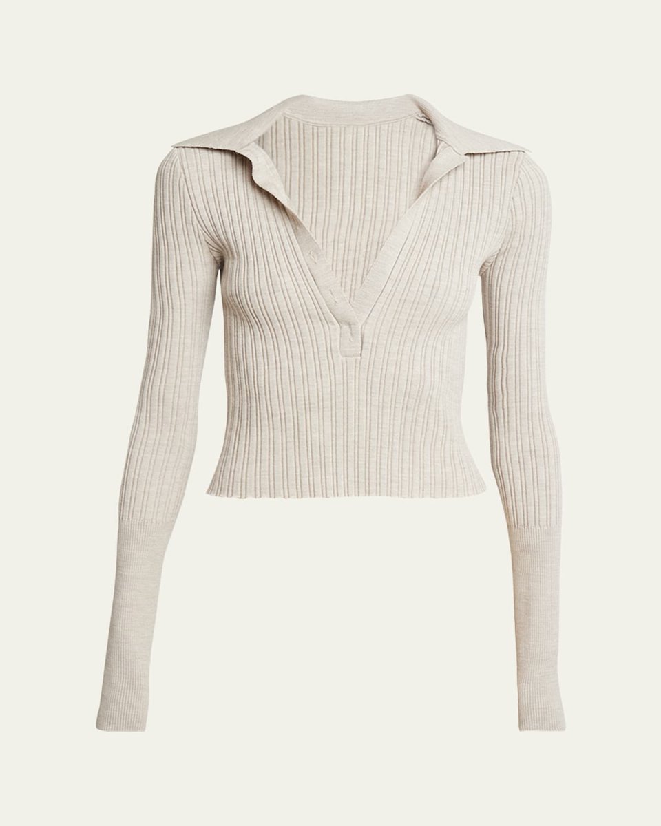 Ribbed Polo Long-Sleeve Top